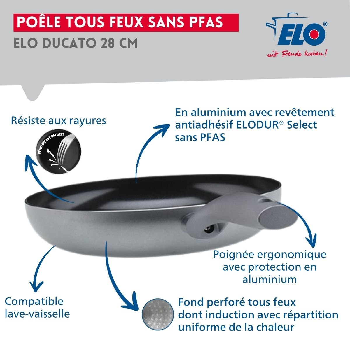 Poêle tous feux 28 cm sans PFAS DUCATO noir,gris, ELO