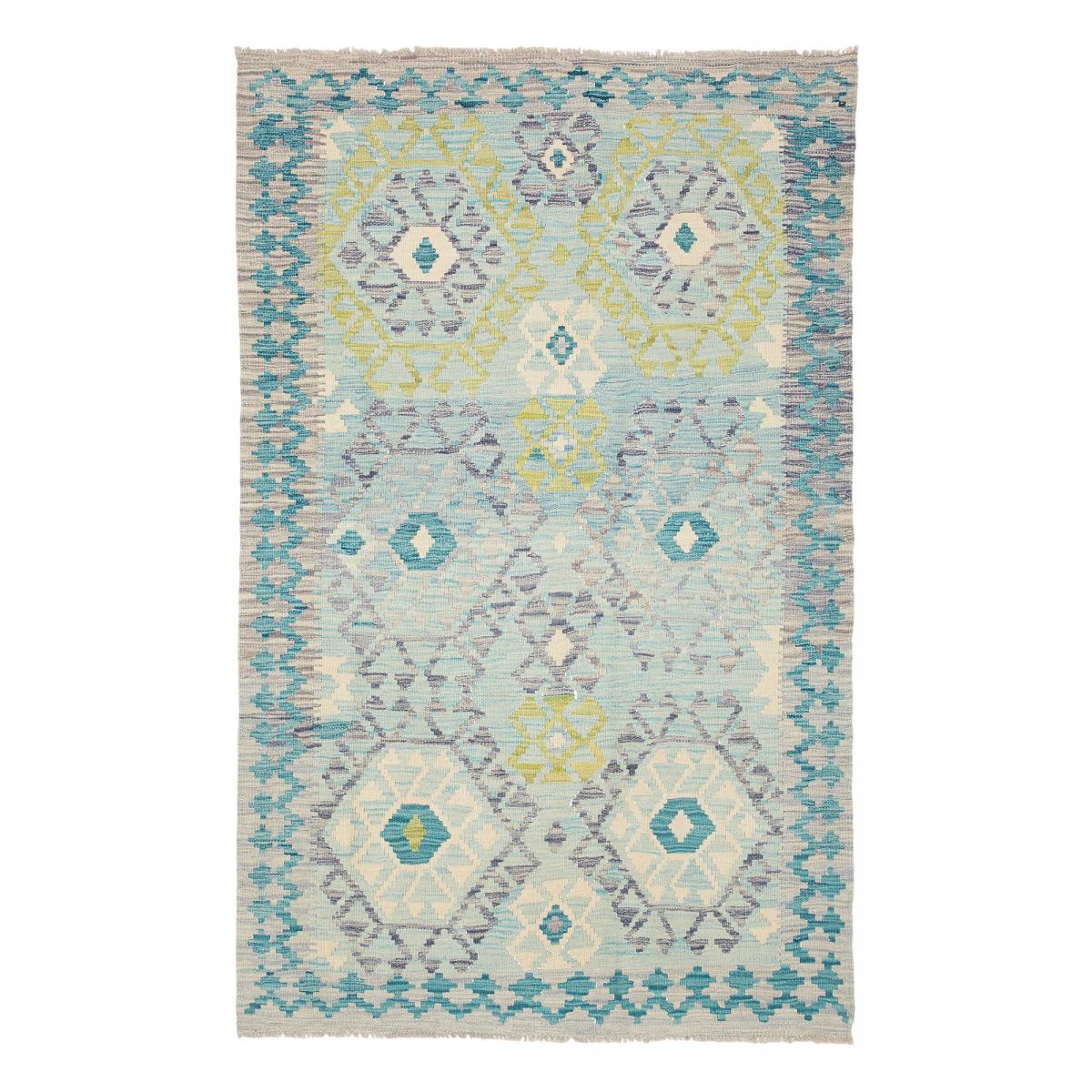 Tapis d'orient géométrique, tissé plat en laine, KILIM 14 bleu, gris, vert, UN AMOUR DE TAPIS