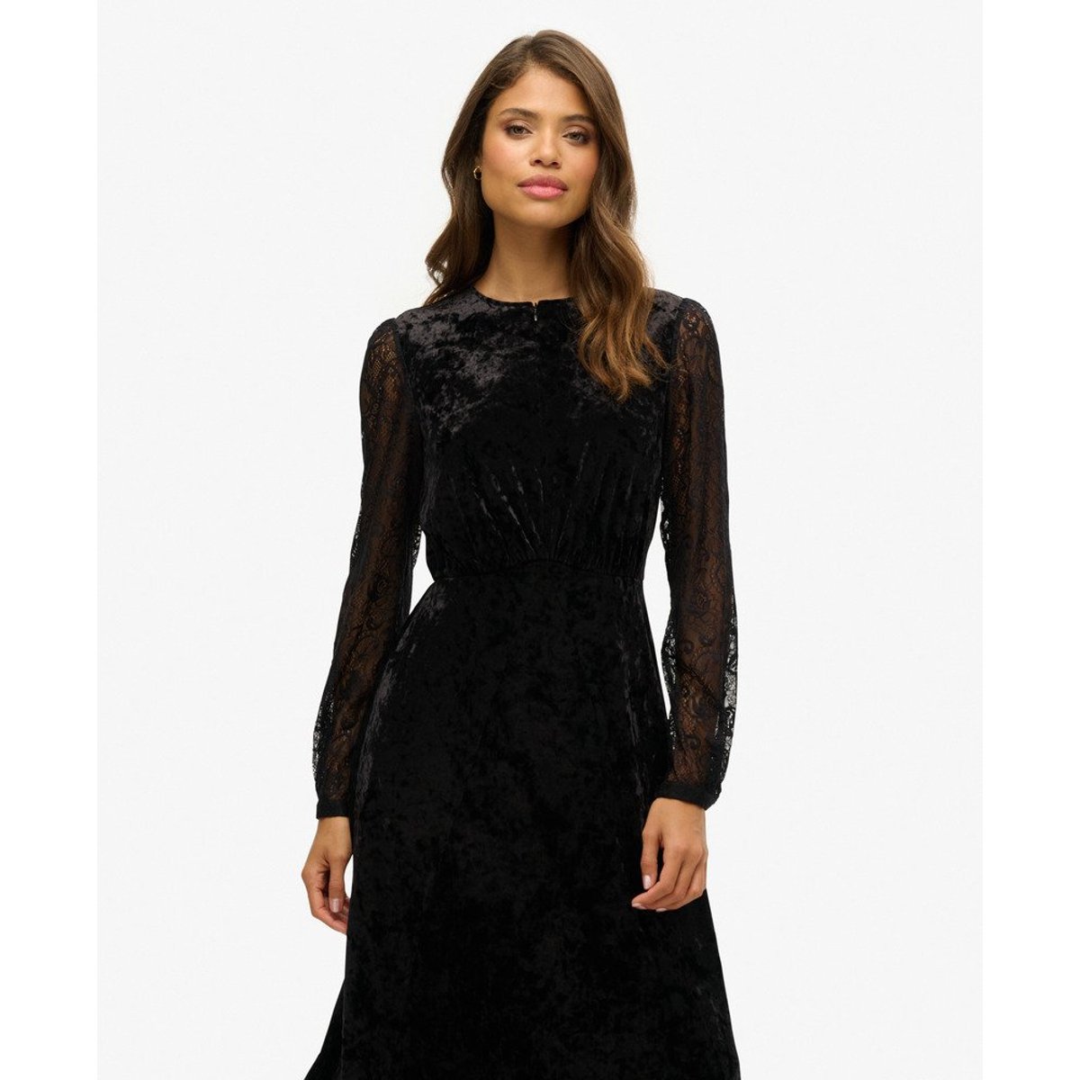 Robe mi-longue en velours à manches en dentelle noir, SUPERDRY