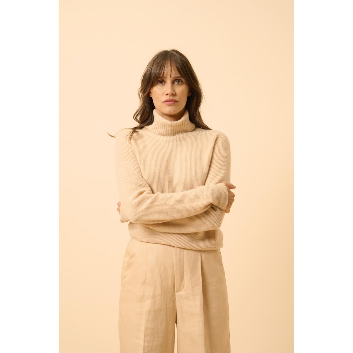 Pull Col Roulé Sable Billy beige, JUST CASHMERE
