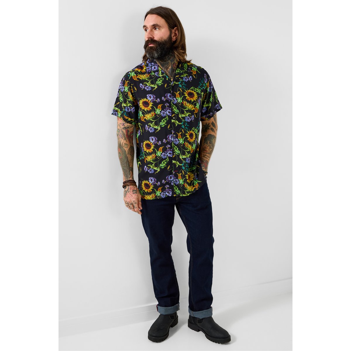 Chemise à manches courtes imprimé tournesol noir, JOE BROWNS