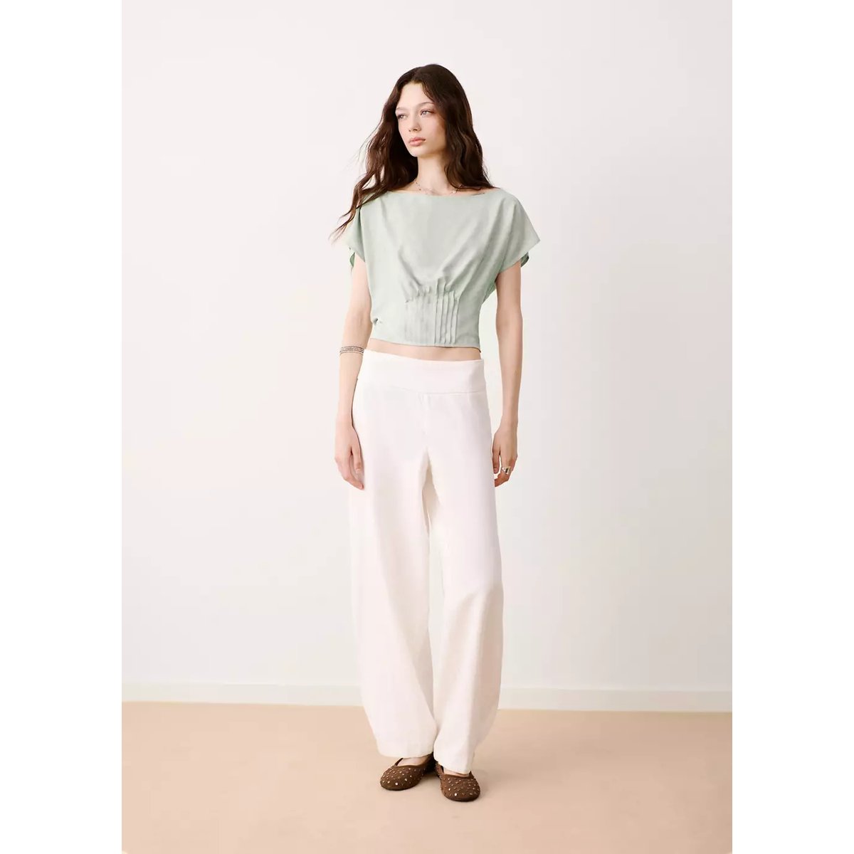 Blouse jacquard détail plissé vert menthe, MANGO TEEN