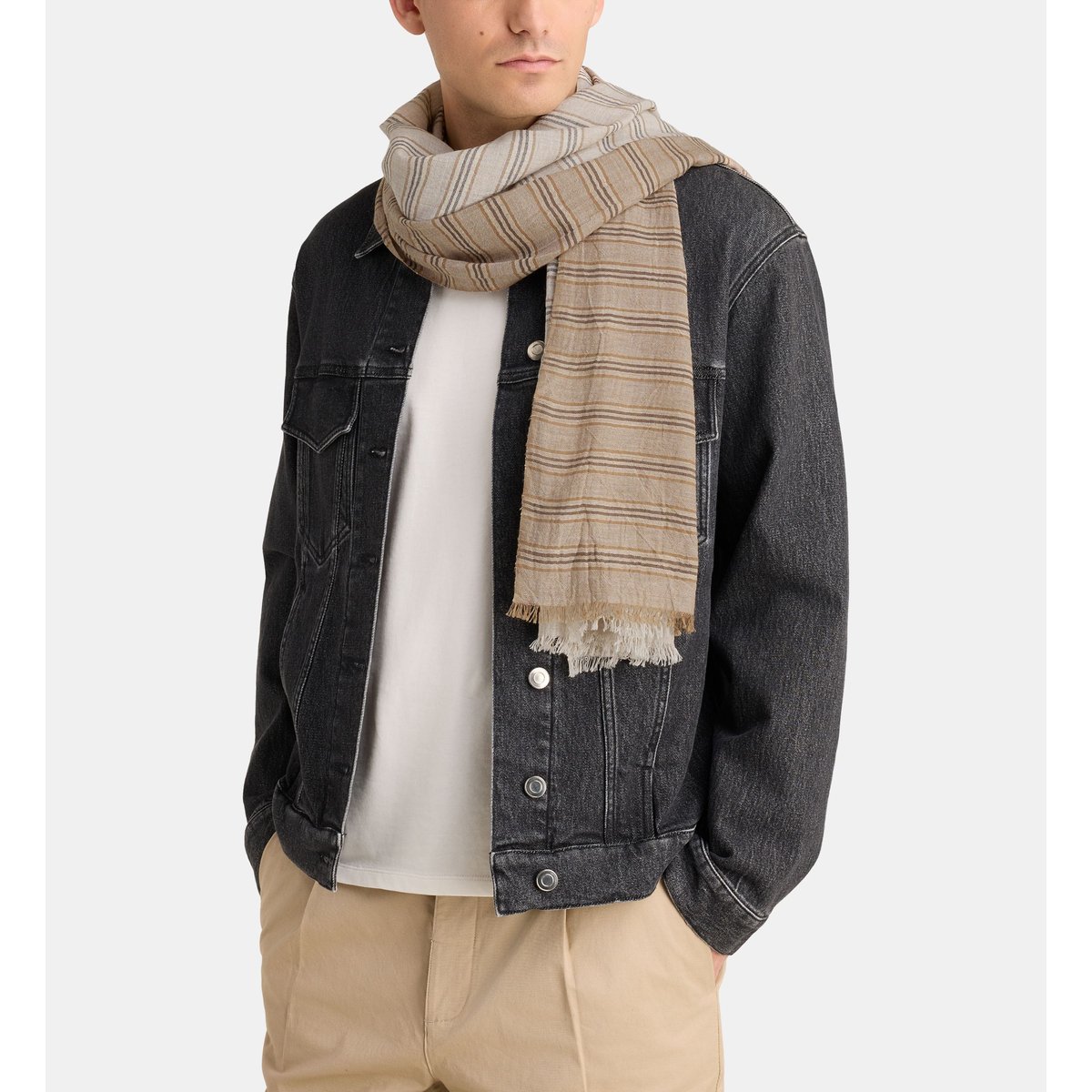 Chèche benito rayures et mini franges beige et écru, GALERIES LAFAYETTE