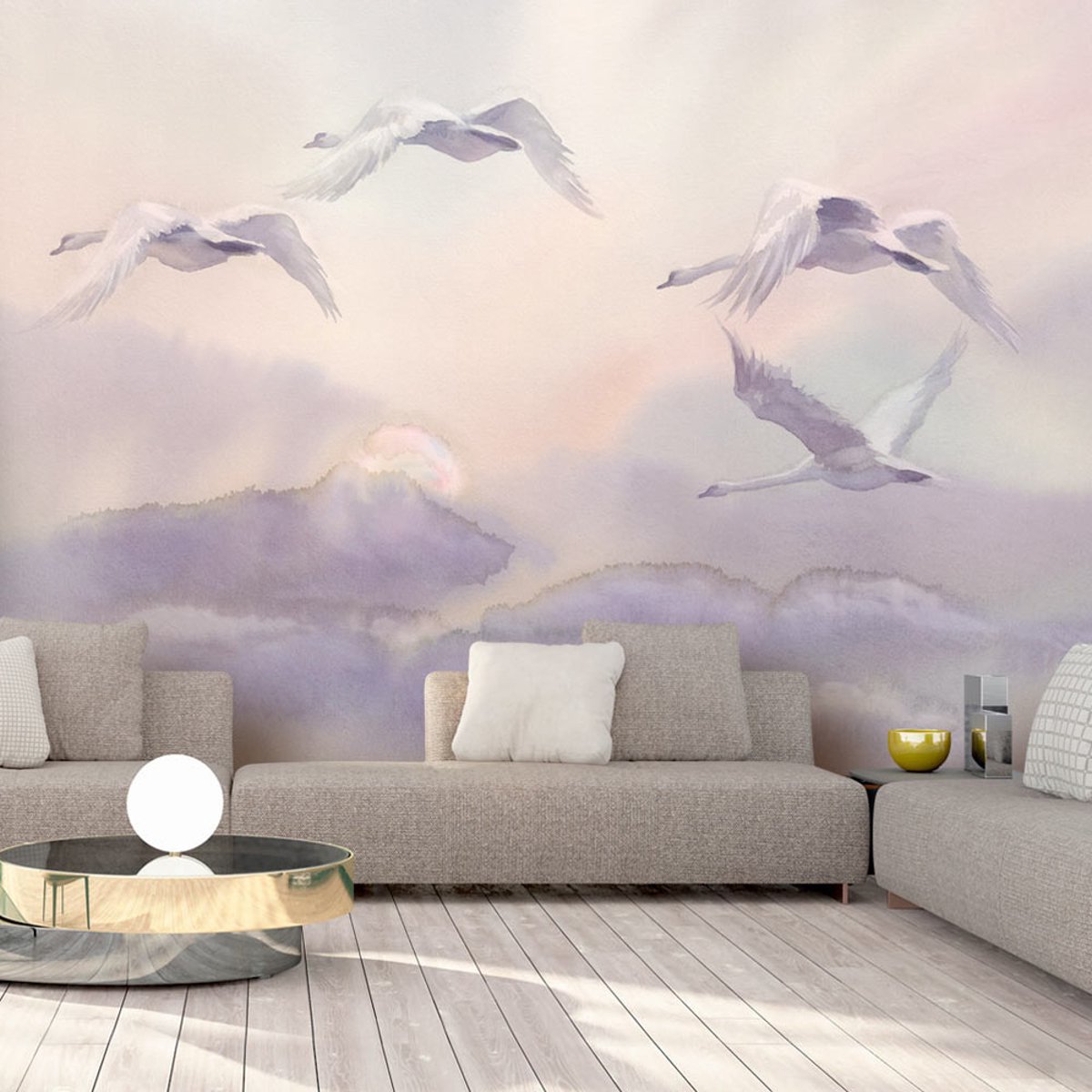 Papier peint intissé panoramique Animaux Flying Swans gris / argent, EDEN