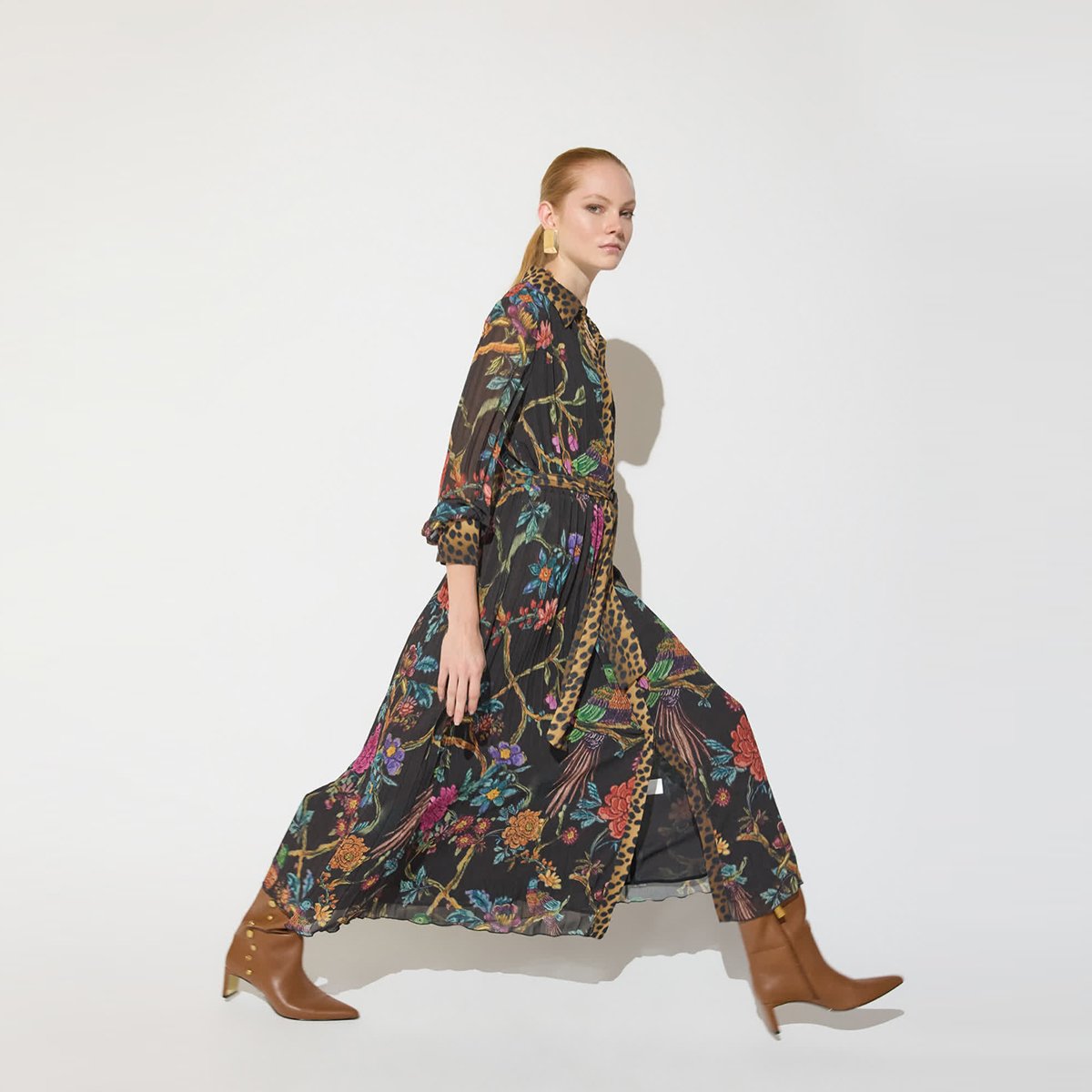 Robe midi plissée imprimée floral léopard marron foncé, LOLA CASADEMUNT