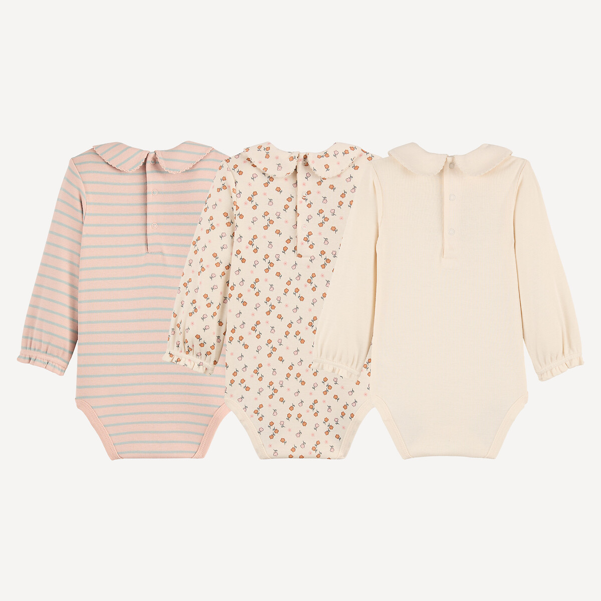 Lot de 3 bodies manches longues à col, motifs fleurs rayures et écureuils ecru + rose, LA REDOUTE COLLECTIONS