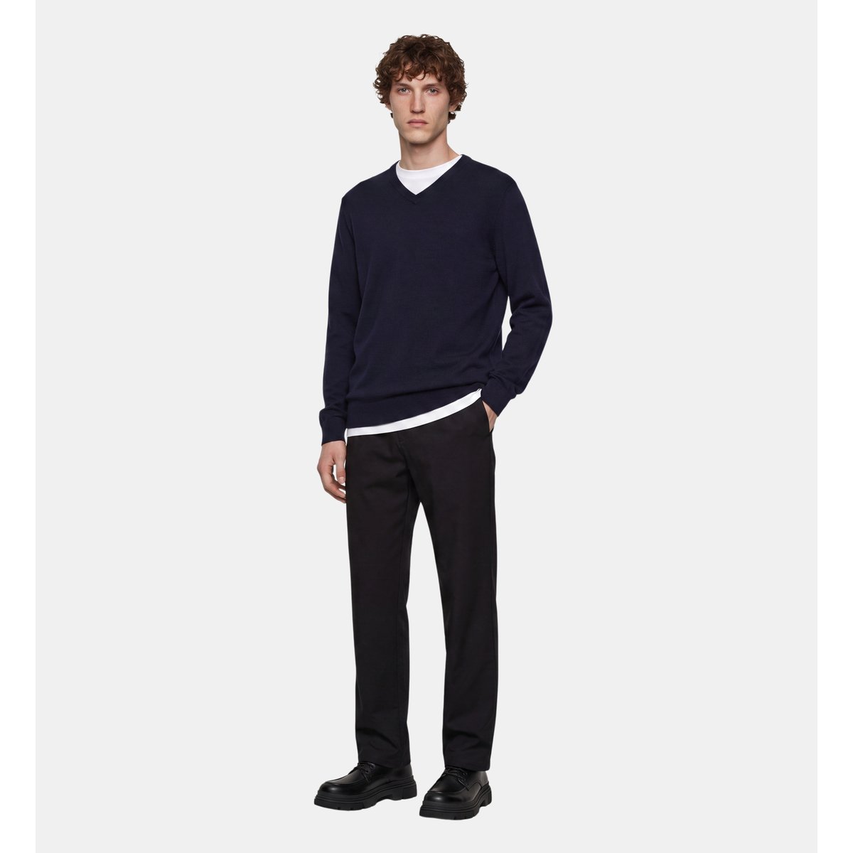 Pull droit tuton col v coton bio bleu marine, GALERIES LAFAYETTE