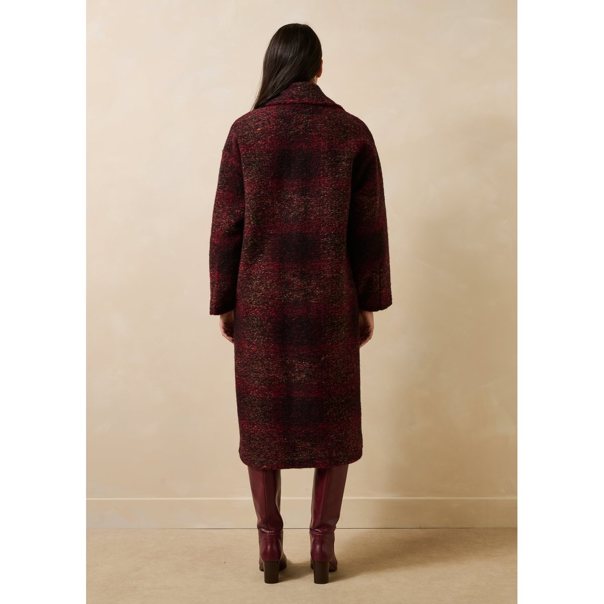 Manteau 3/4 à carreaux col tailleur bordeaux, LA FEE MARABOUTEE