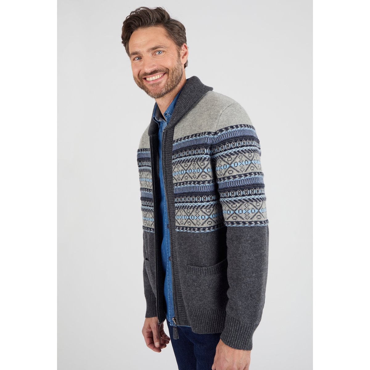 Gilet zippé mélange laine maille jacquard gris jacquard, DAMART