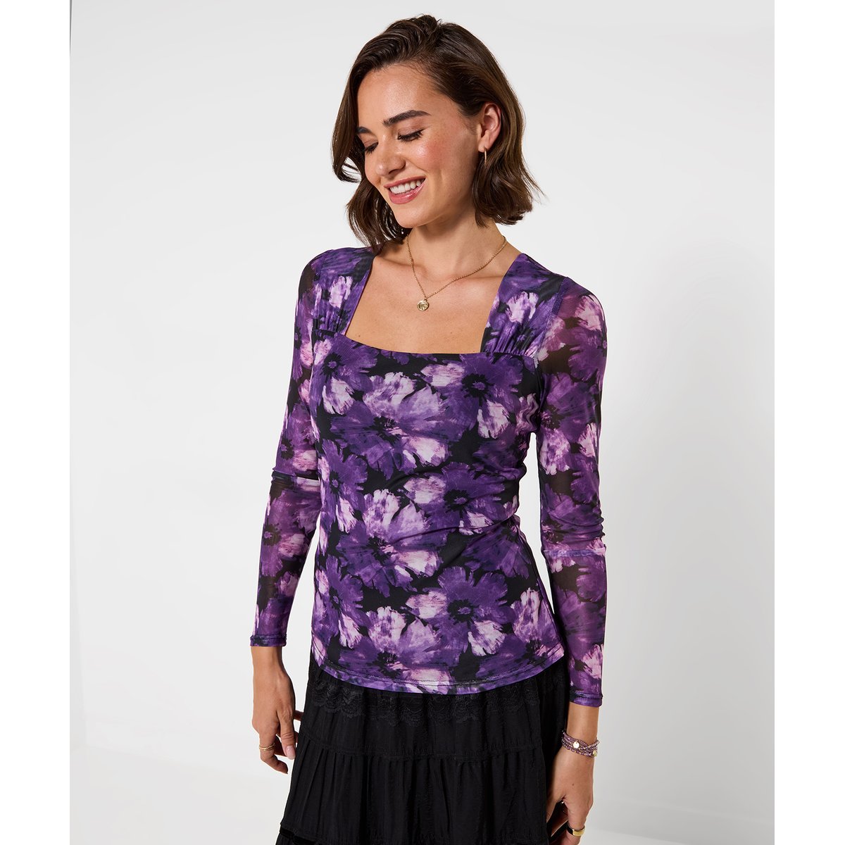 Henley en Mesh Imprimé à Encolure Carrée Jenna violet, JOE BROWNS