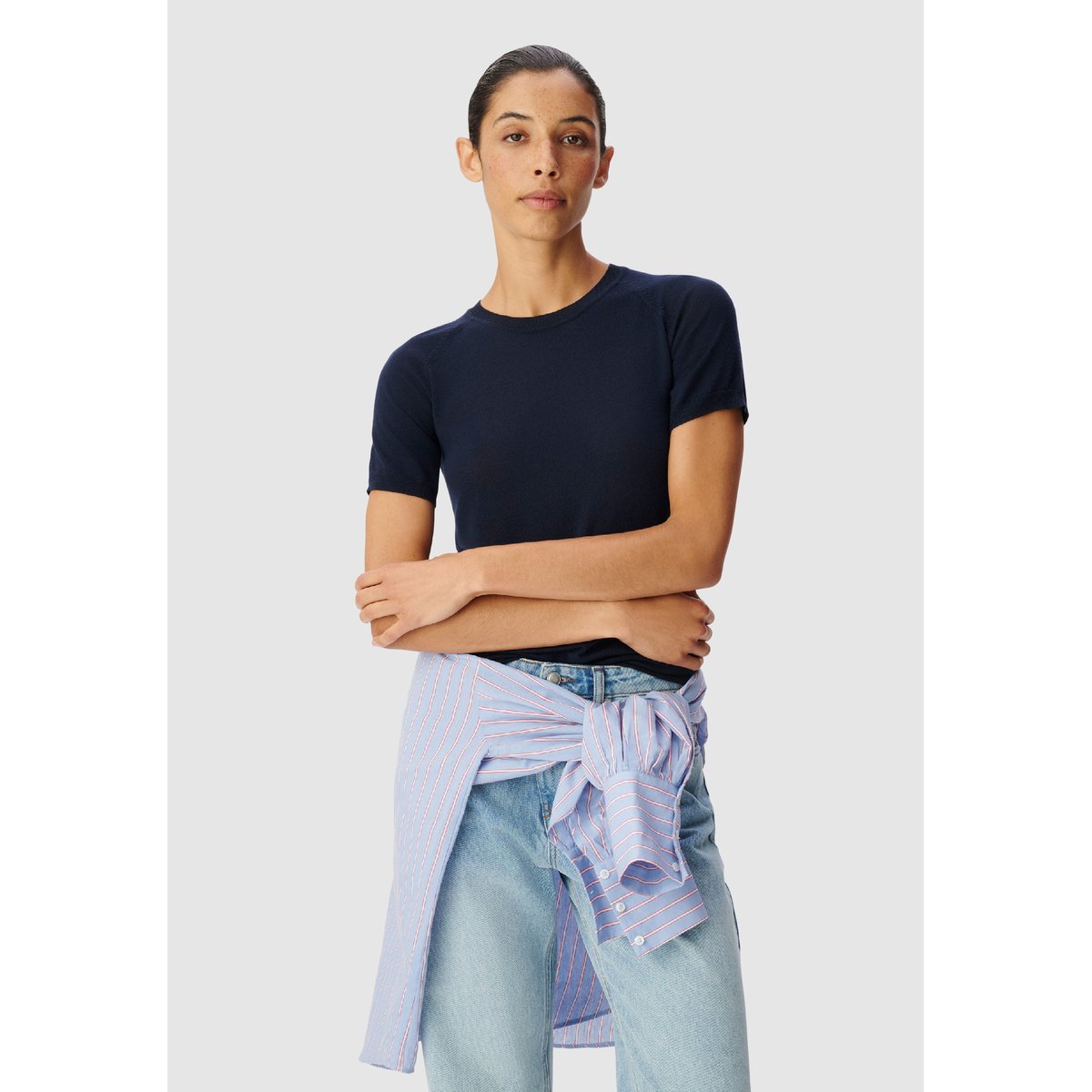 Pull manches courtes tricot en laine bleu marine, IKKS