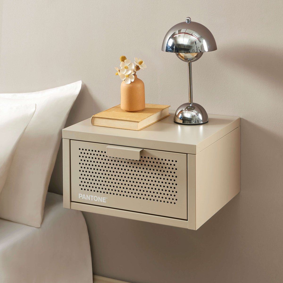 Table de chevet murale en acier taupe, PANTONE