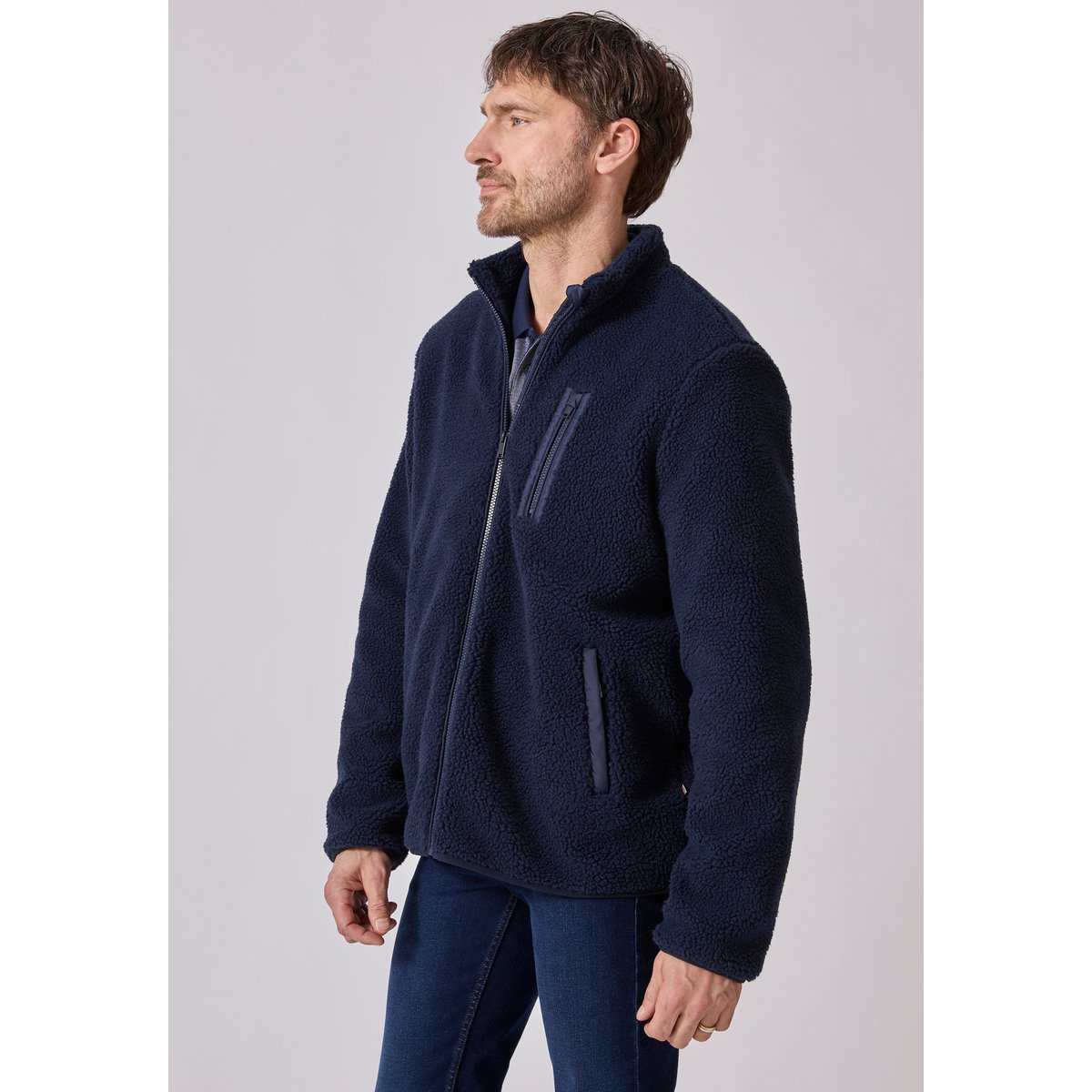 Veste zippée en maille moutonnée bleu marine, DAMART
