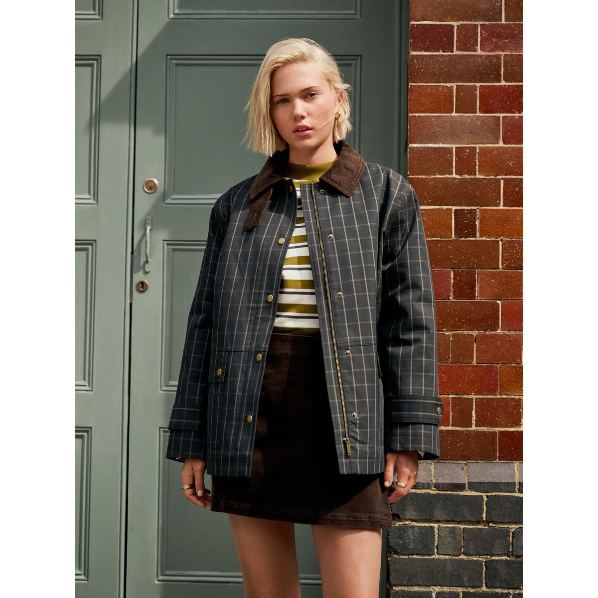 Manteau classique avec col en velours côtelé bleu marine à carreaux, NEXT