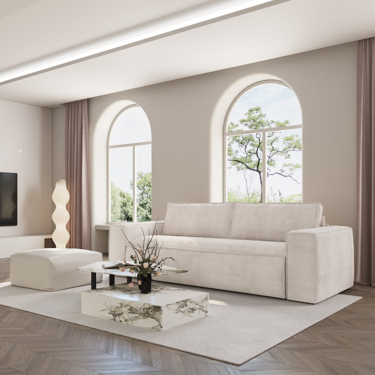 Canapé convertible express matelas Dunlopillo 160cm 3 places en velours côtelé JOAN crème, SIA HOME