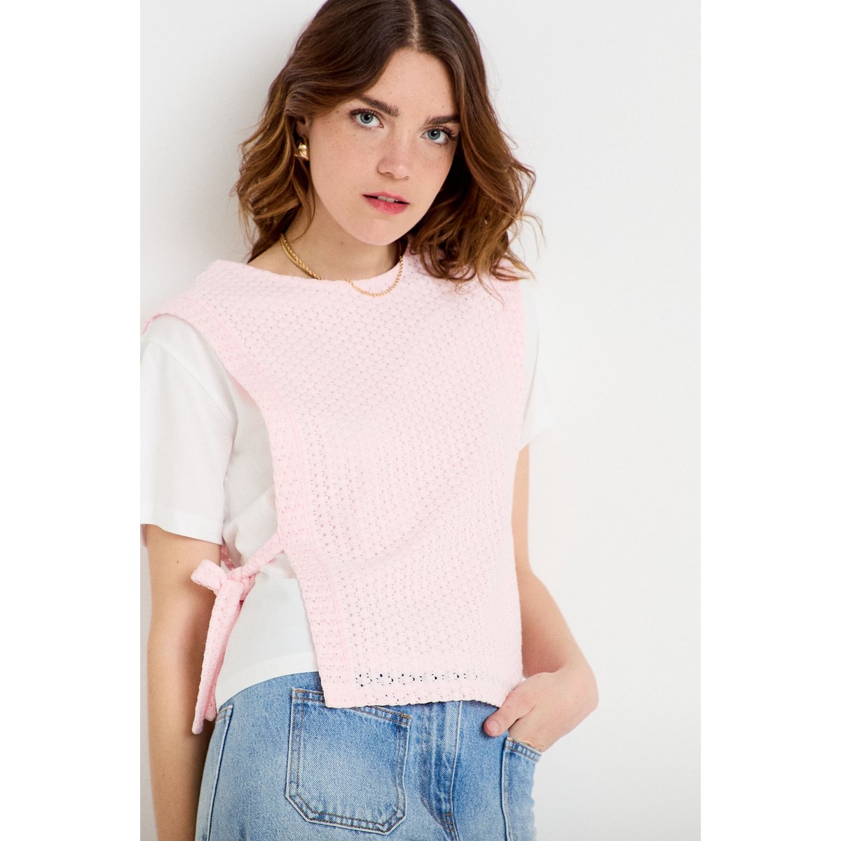 T-shirt 2-en-1 col rond manches courtes rose clair, CACHE CACHE