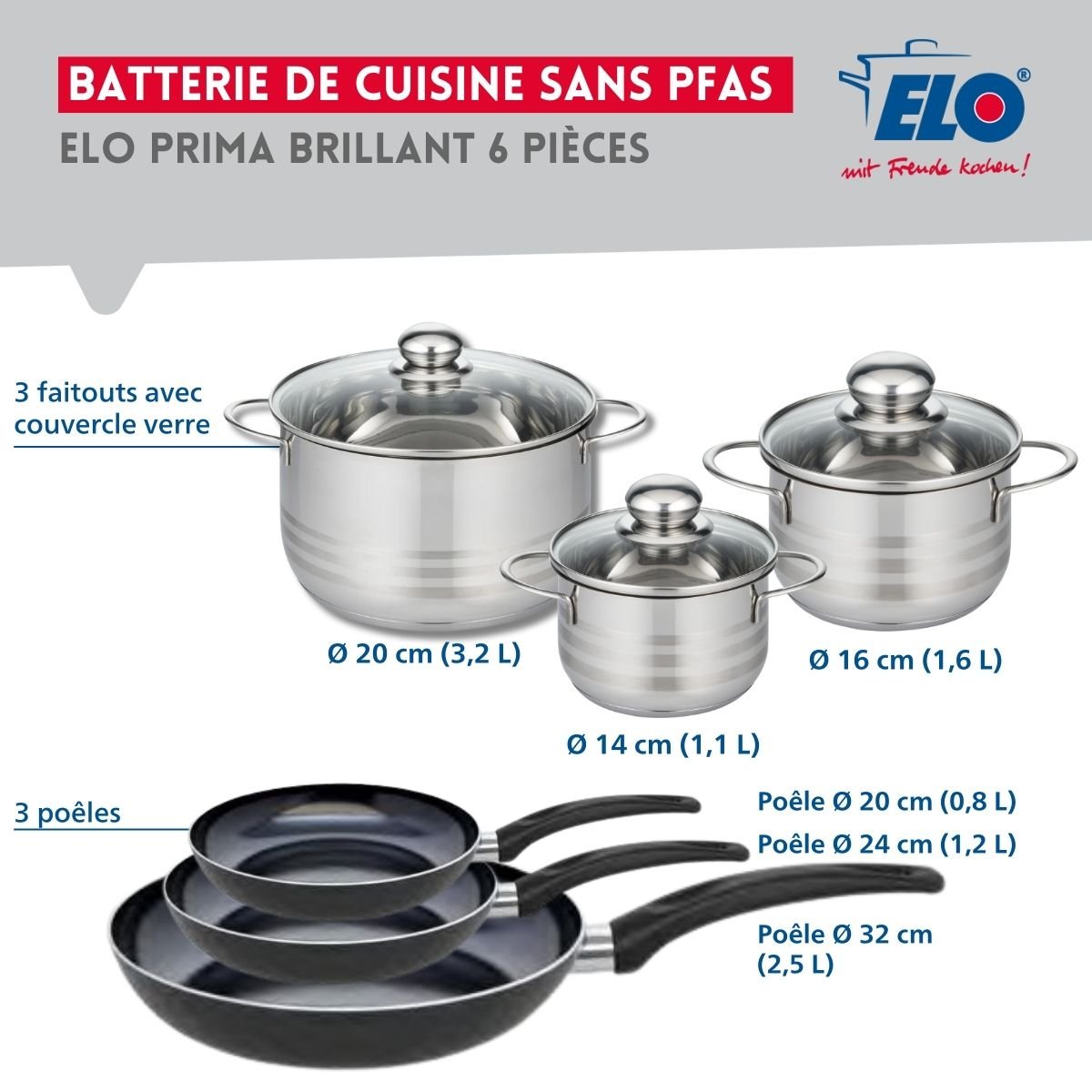 3 poêles 20/24/32cm + 3 faitouts 14/16/20cm PRIMA BRILLANT noir, ELO