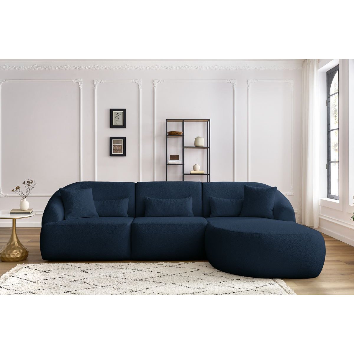 Canapé d'angle fixe 3 places en tissu bouclette, ALESIA bleu foncé, BOBOCHIC