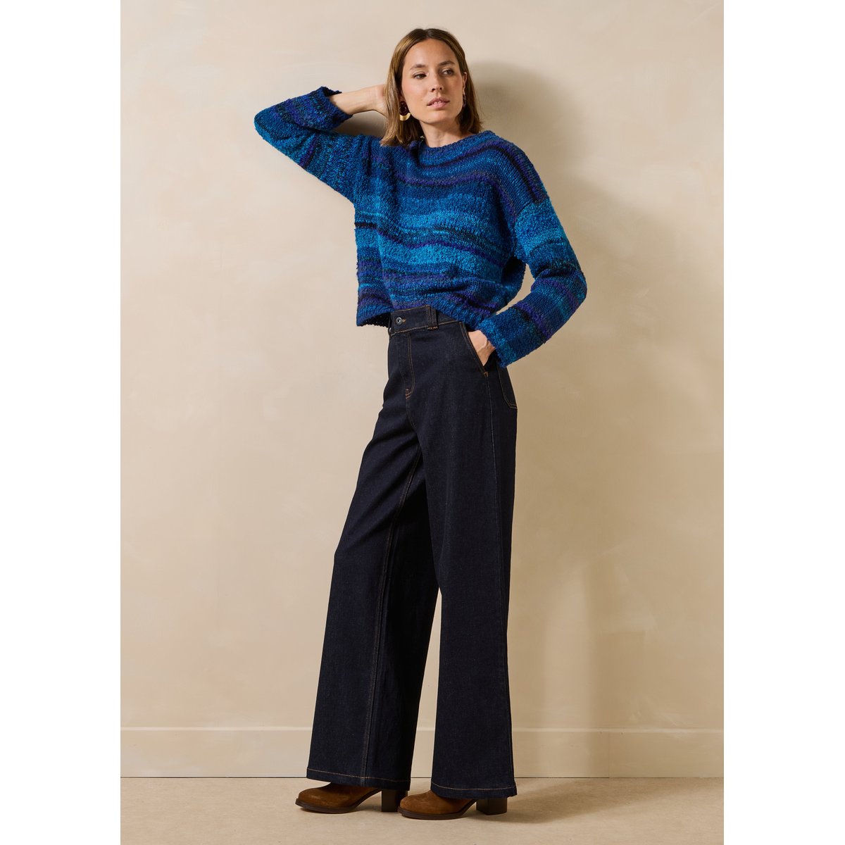 Pull rayé manches longues col rond bleu azur, LA FEE MARABOUTEE