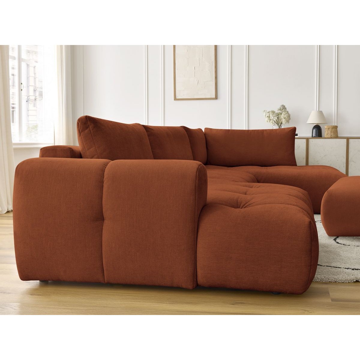 Canapé panoramique convertible 5 places en tissu lisse avec pouf, FUJI orange, BOBOCHIC