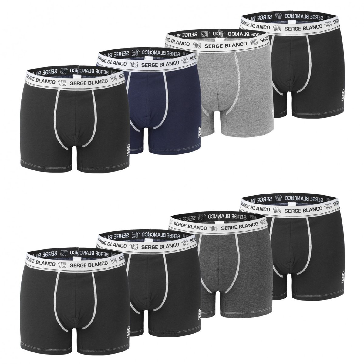 Lot De 8 Boxers Coton Uni noir/bleu/gris, SERGE BLANCO