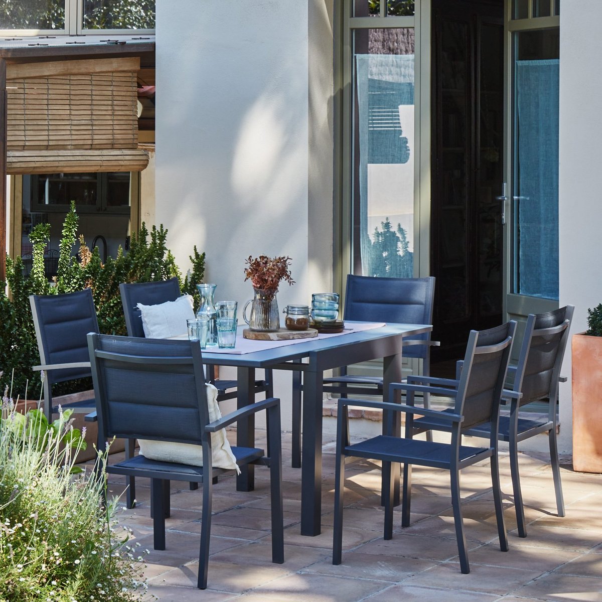 Salon de jardin, 4 chaises, TOKYO gris foncé, DEFORA HOME