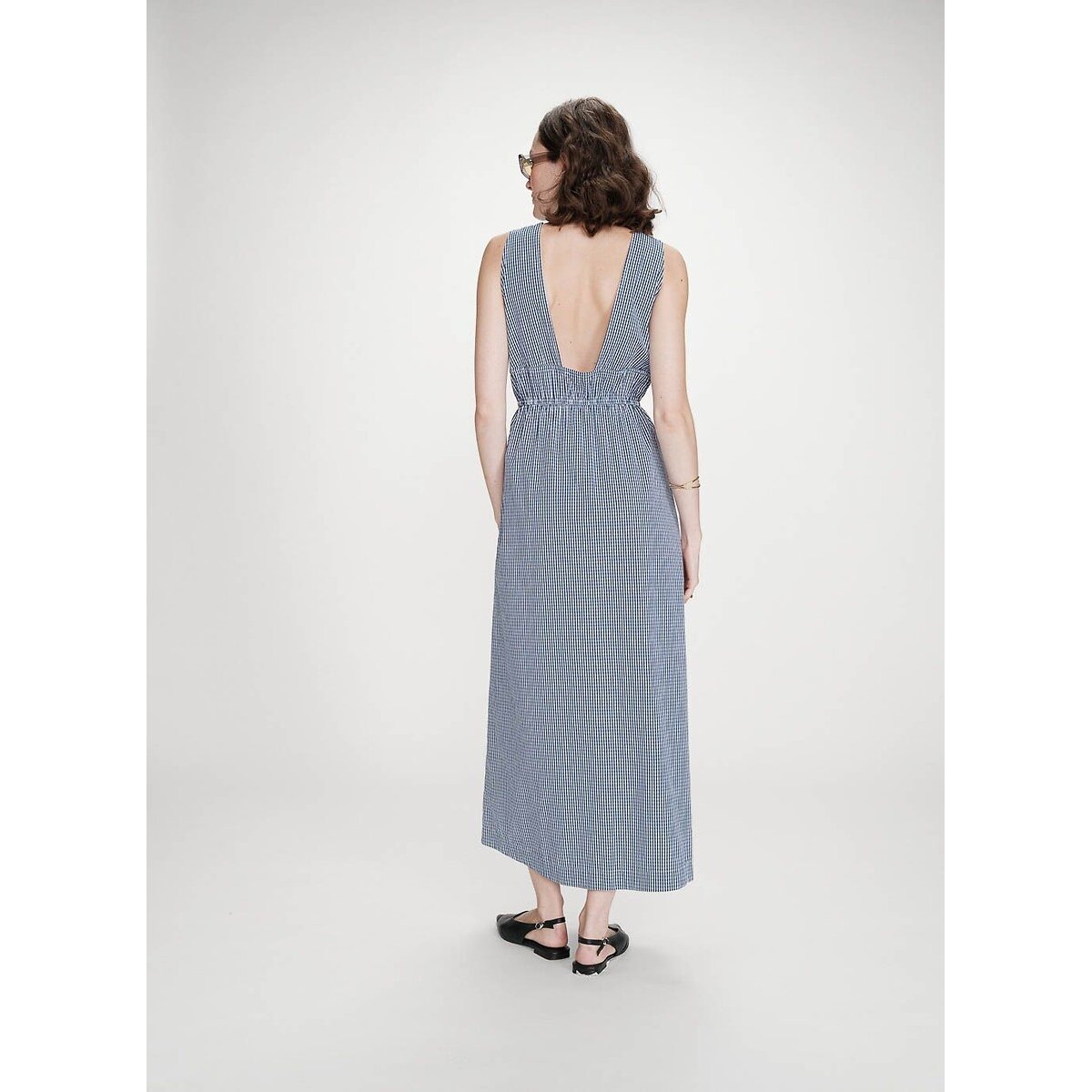 Robe longue à carreaux, col v VELMIRA bleu marine, GRACE & MILA