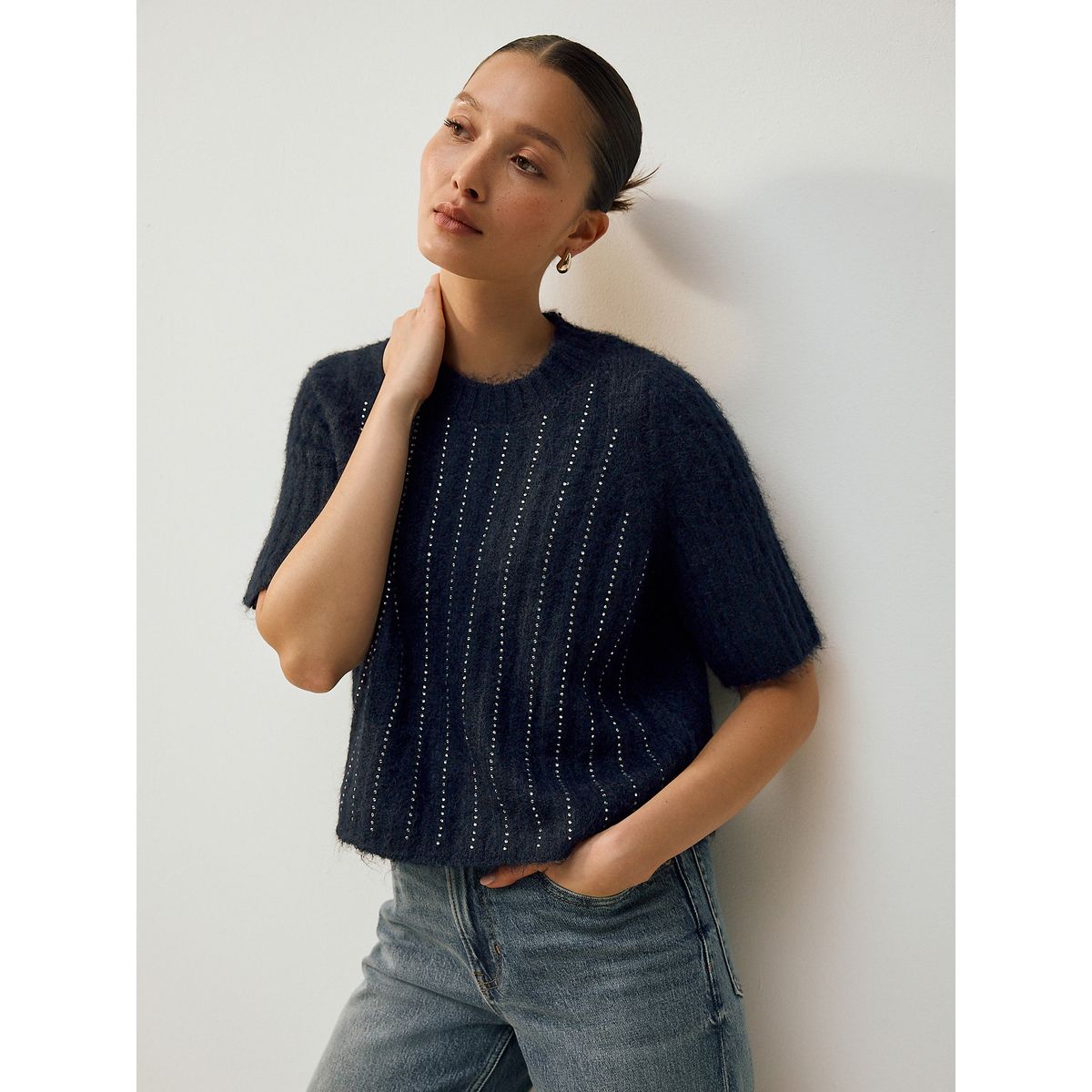 T-shirt ras du cou en maille avec laine gemme bleu marine, NEXT