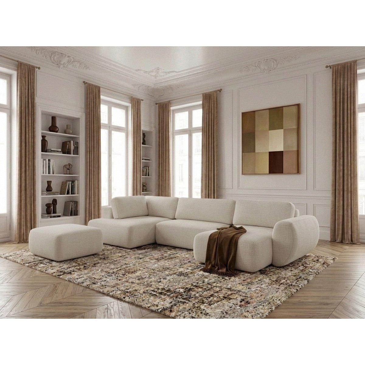 Canapé panoramique convertible 6 places en tissu texturé avec pouf, DENISE blanc, BOBOCHIC