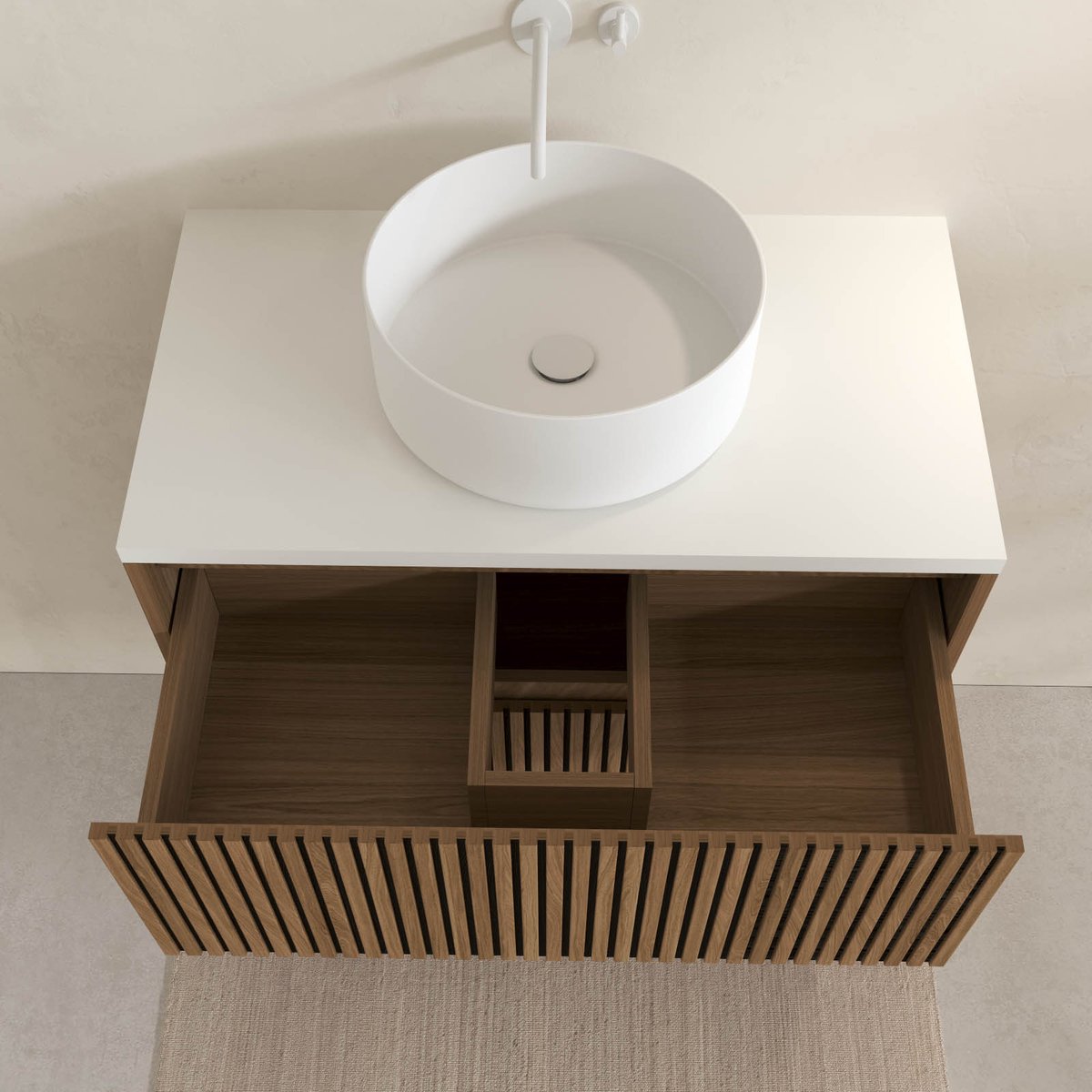 Meuble de salle de bain suspendu avec façade crantée, plan de toilette et vasque(s) à poser naturel, HOME MAISON