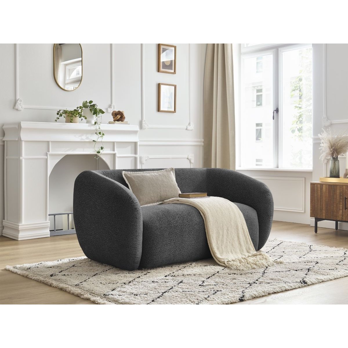 Canapé droit fixe 2 places en tissu texturé, CELINE gris foncé, BOBOCHIC