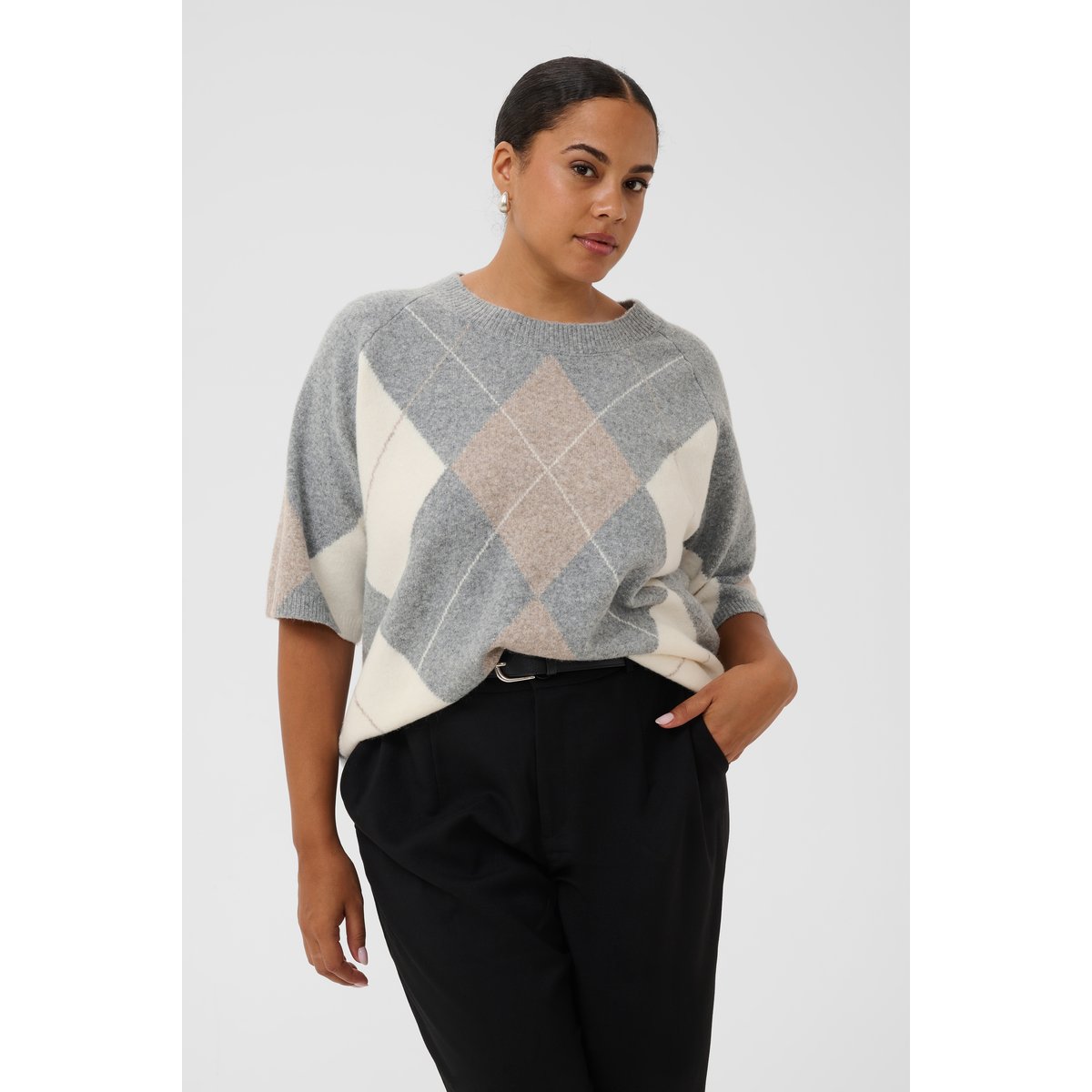 Pullover tricoté gris grey m./chalk/beige argyle, KAFFE CURVE