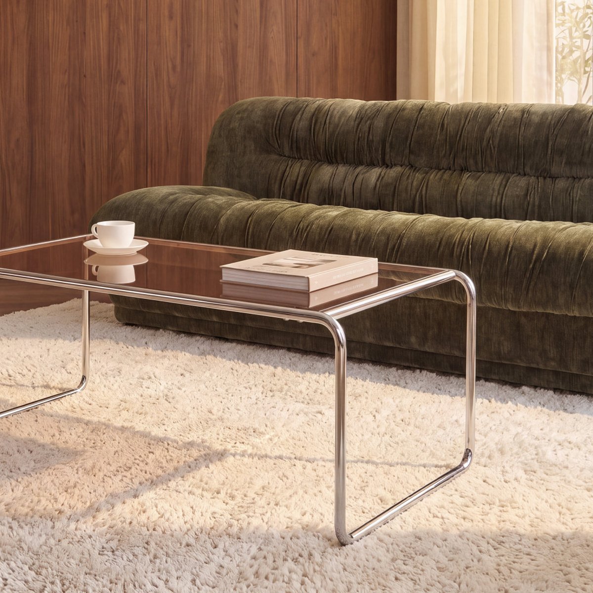 Table basse en verre pieds chrome L110cm- RIKA verre ambré, DRAWER