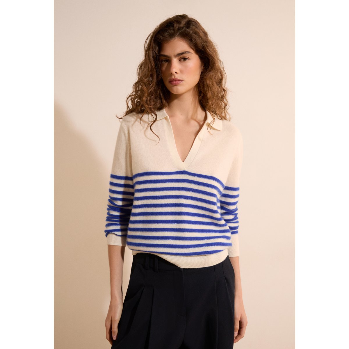 Pull col polo 100% cachemire SIMONETTA POLO bleu, ETAM