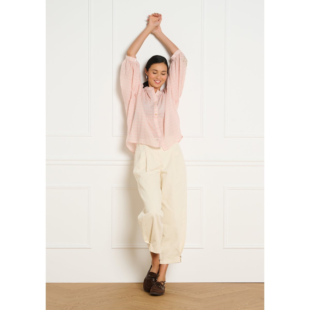 Chemise à carreaux brodée rose clair, LOLALIZA