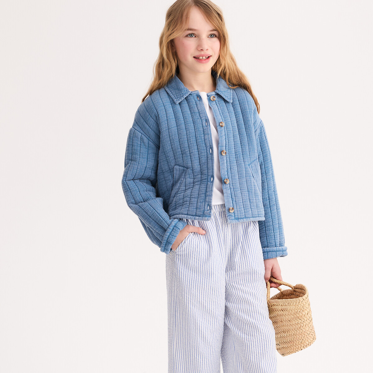 Giacca trapuntata e abbottonata in garza di cotone denim, LA REDOUTE COLLECTIONS