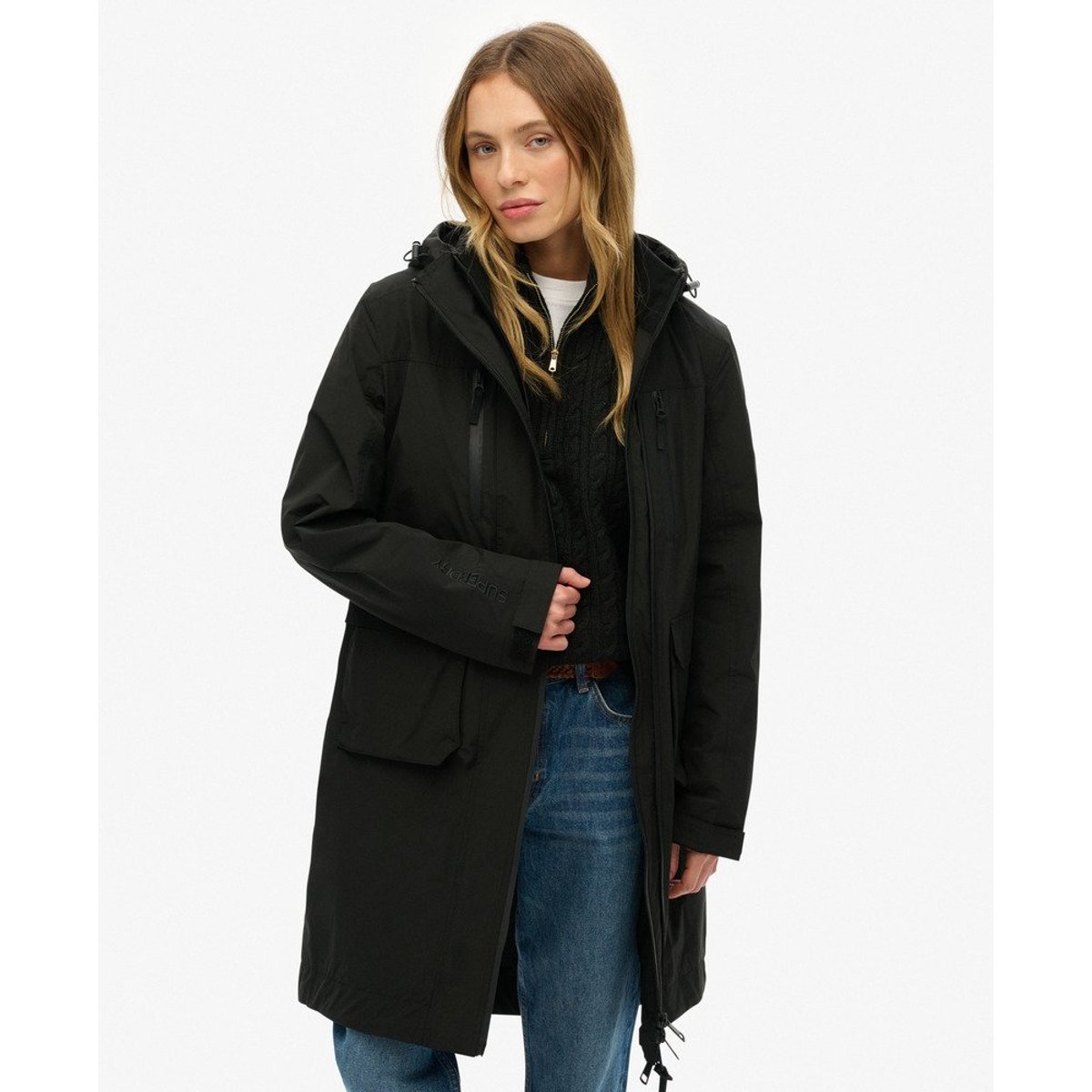 Parka longue à capuche noir, SUPERDRY