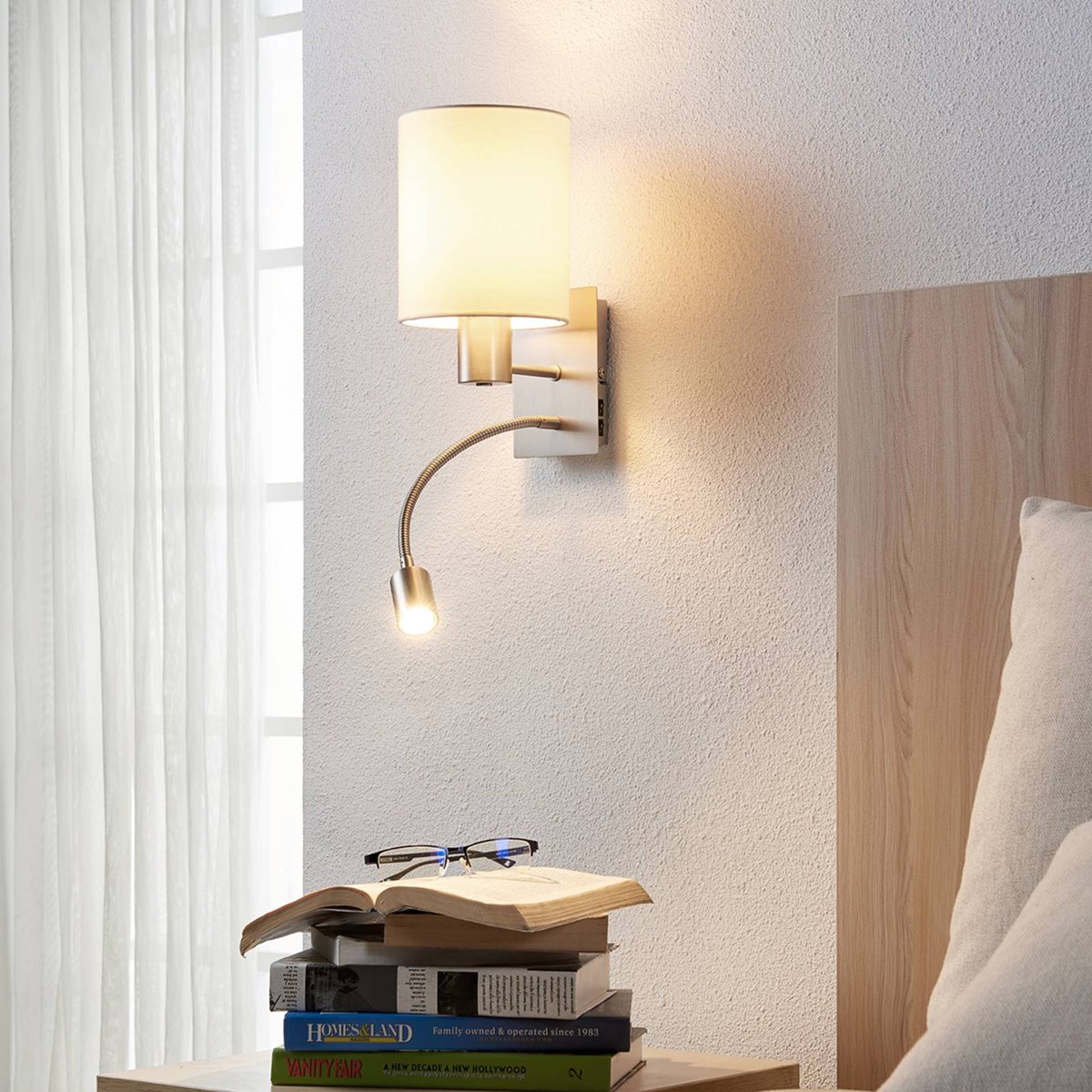 Applique en textile moderneLED, Shajan blanc, nickel mat, LINDBY