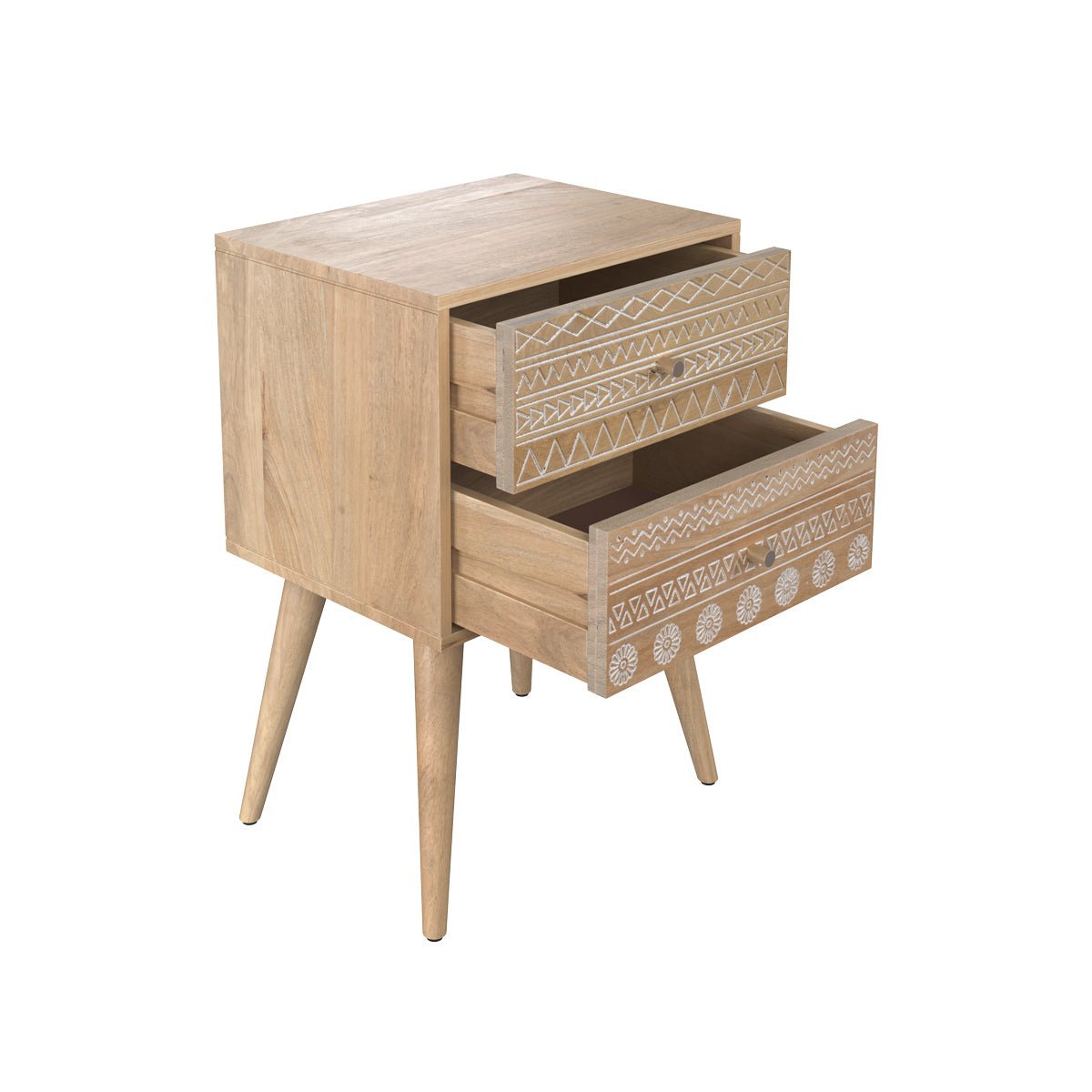 Table de chevet en bois de manguier gravé 2 tiroirs - TINY bois clair, MAISON PAVANE