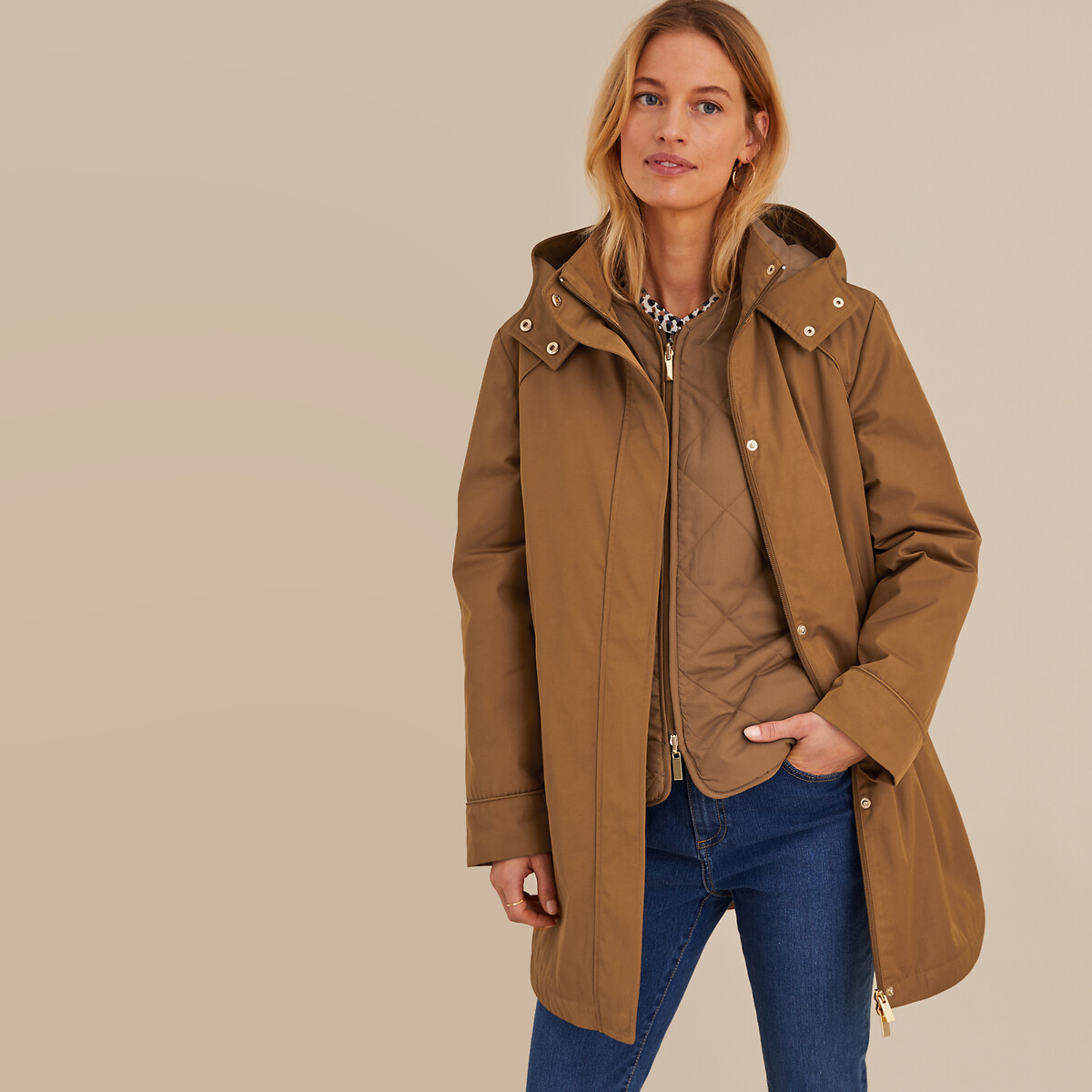 Mid-Season Hooded Parka with Removable Gilet camel, ANNE WEYBURN
