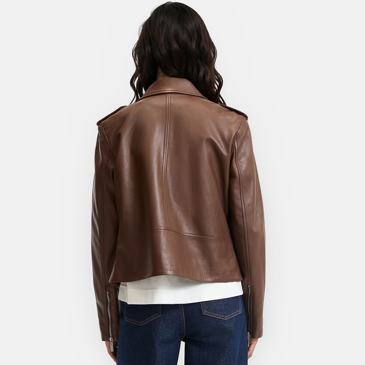 Giacca in pelle con cerniera in stile motociclista marrone, LA REDOUTE COLLECTIONS