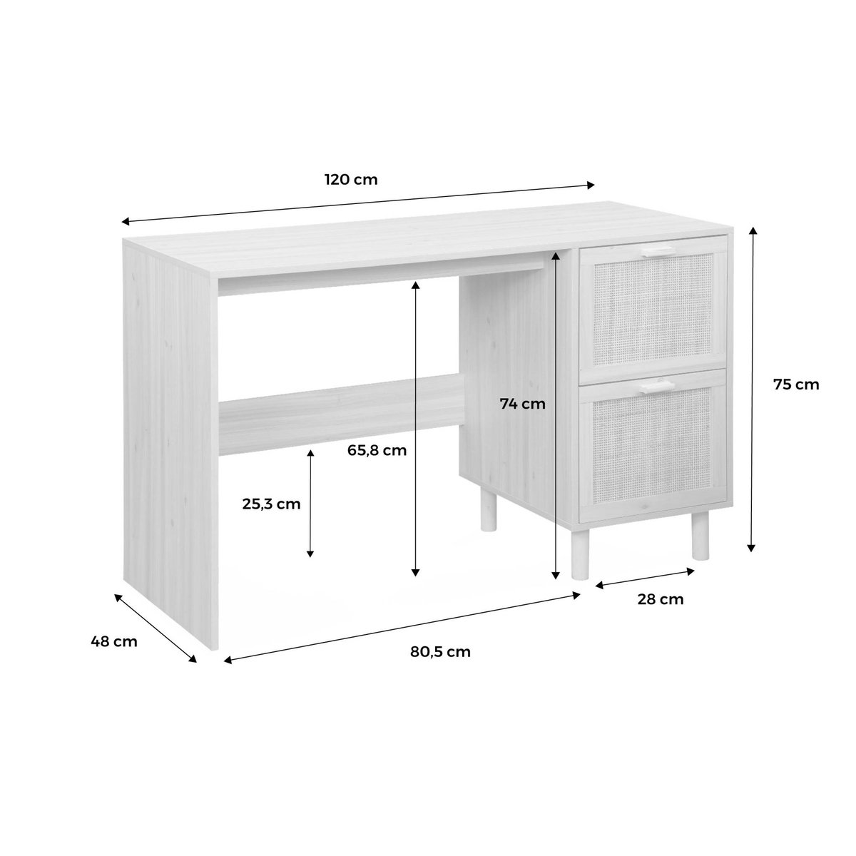 Bureau décor bois et cannage 2 tiroirs CAMARGUE naturel, SWEEEK