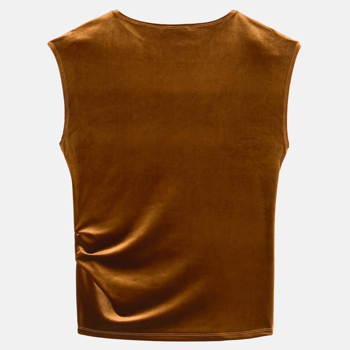 Camiseta sin mangas de cuello redondo, con drapeado, de terciopelo liso y brillante bronce , ANNE WEYBURN