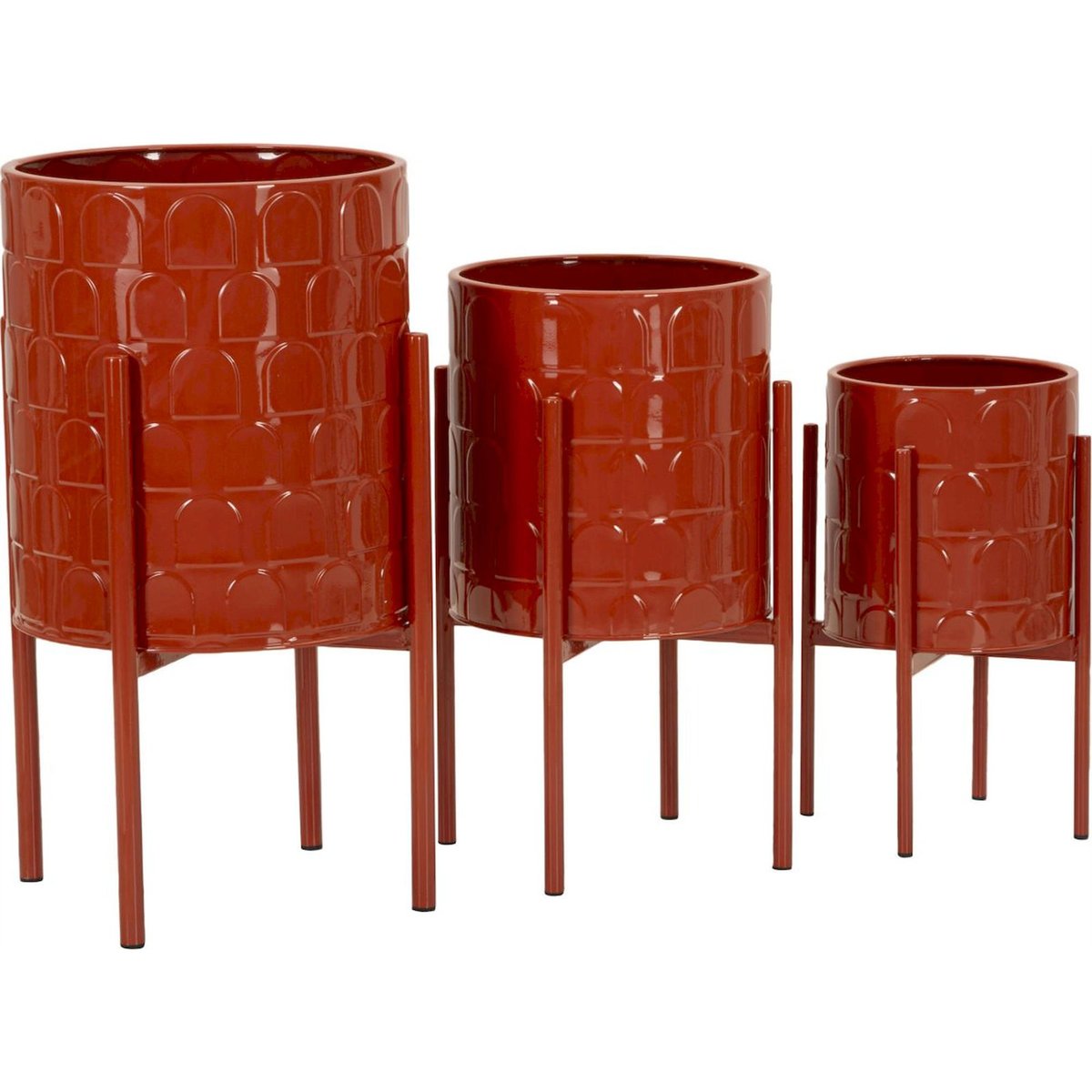 Cache-pots en fer motif arches sur pieds lot de 3 rouge brillant, RECOLLECTION