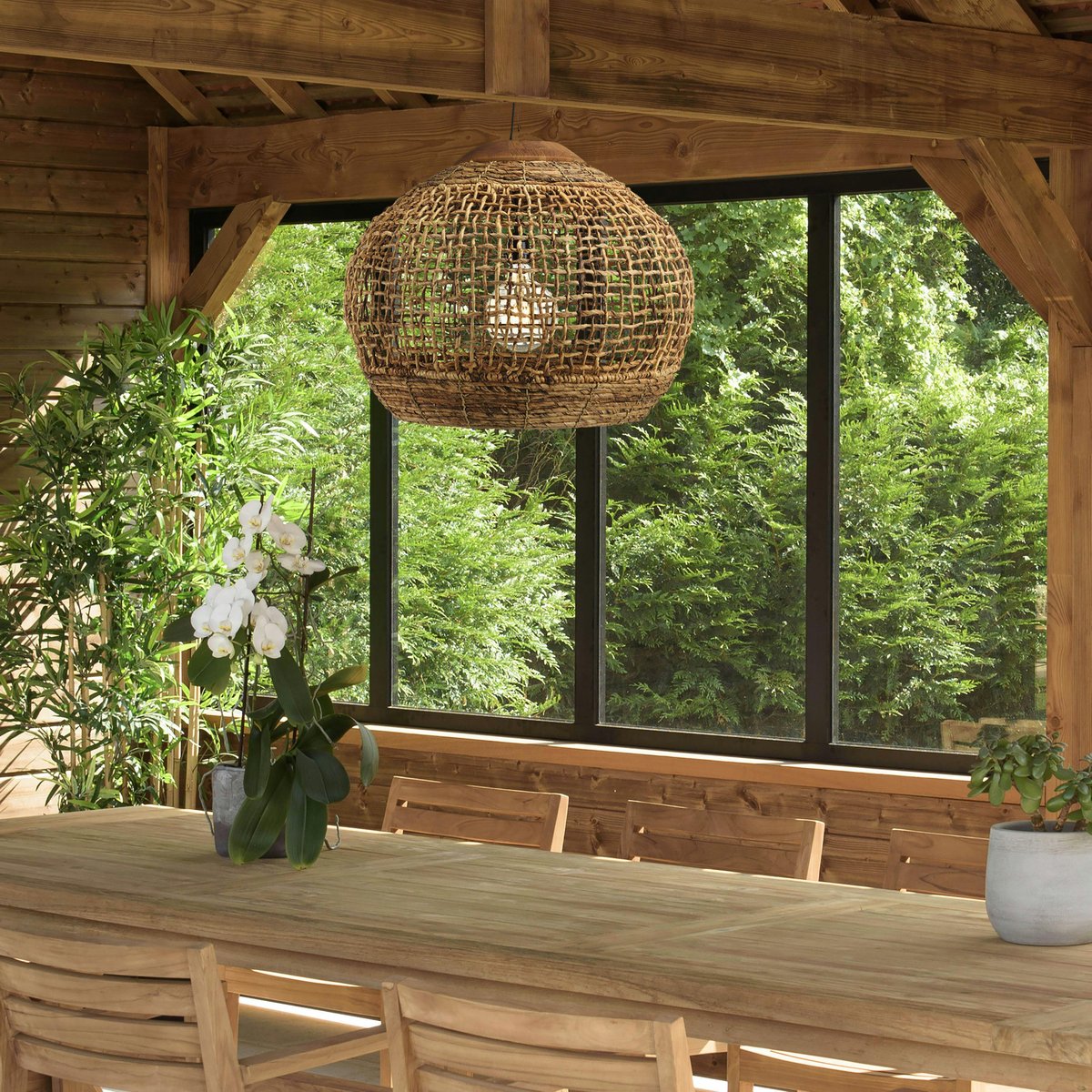 Suspension boule 60x60cm en abaca couleur naturelle et teck FOLELLI marron, PIER IMPORT