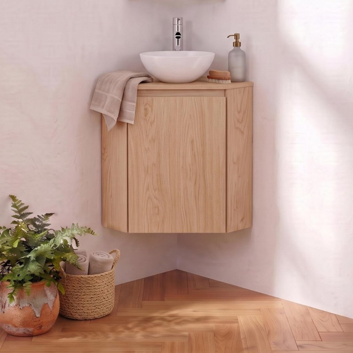 Meuble lave-mains d'angle avec vasque SORRENTO décor chêne, MOB IN