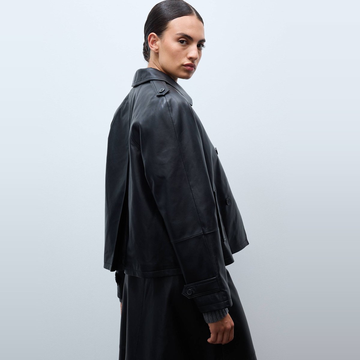 Caban court en cuir noir, MONOPRIX