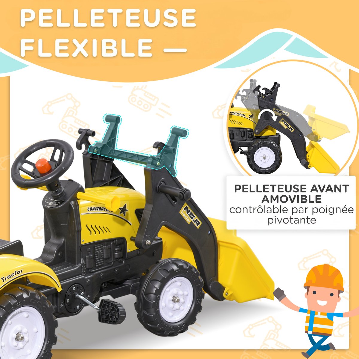 Voiture de chantier pour enfants Plastique jaune et noir, HOMCOM