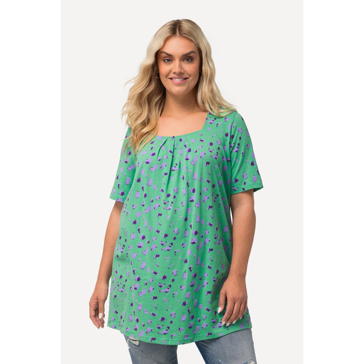 T-shirt long, motifs à pois, encolure carrée vert printanier, ULLA POPKEN