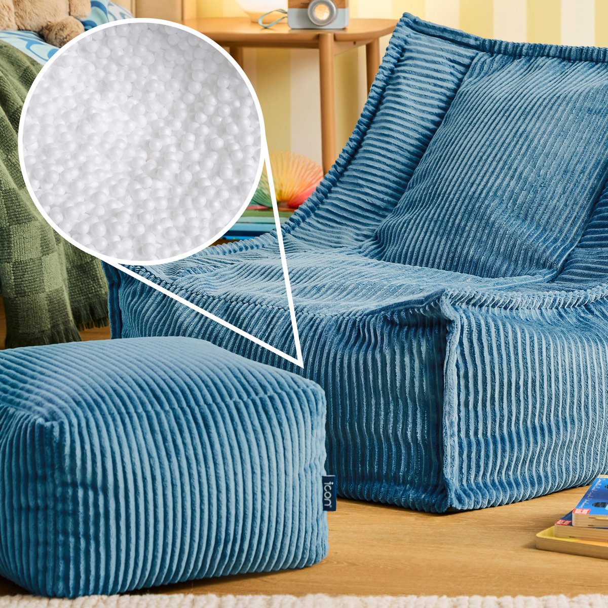 Pouf fauteuil grand enfant avec repose-pied carré en velours côtelé Oeko-Tex® - ALTO bleu jeans, ICON
